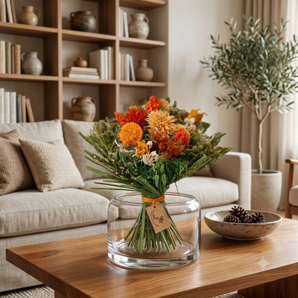 Ramo de flores secas en tonos anaranjados y naturales