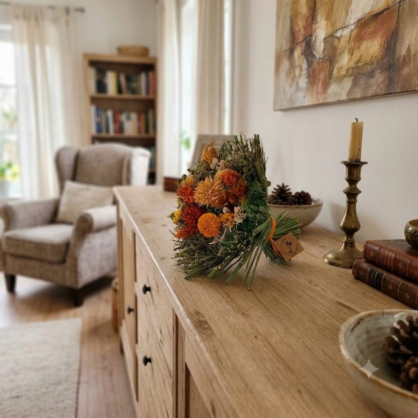 Ramo de flores secas en tonos anaranjados y naturales